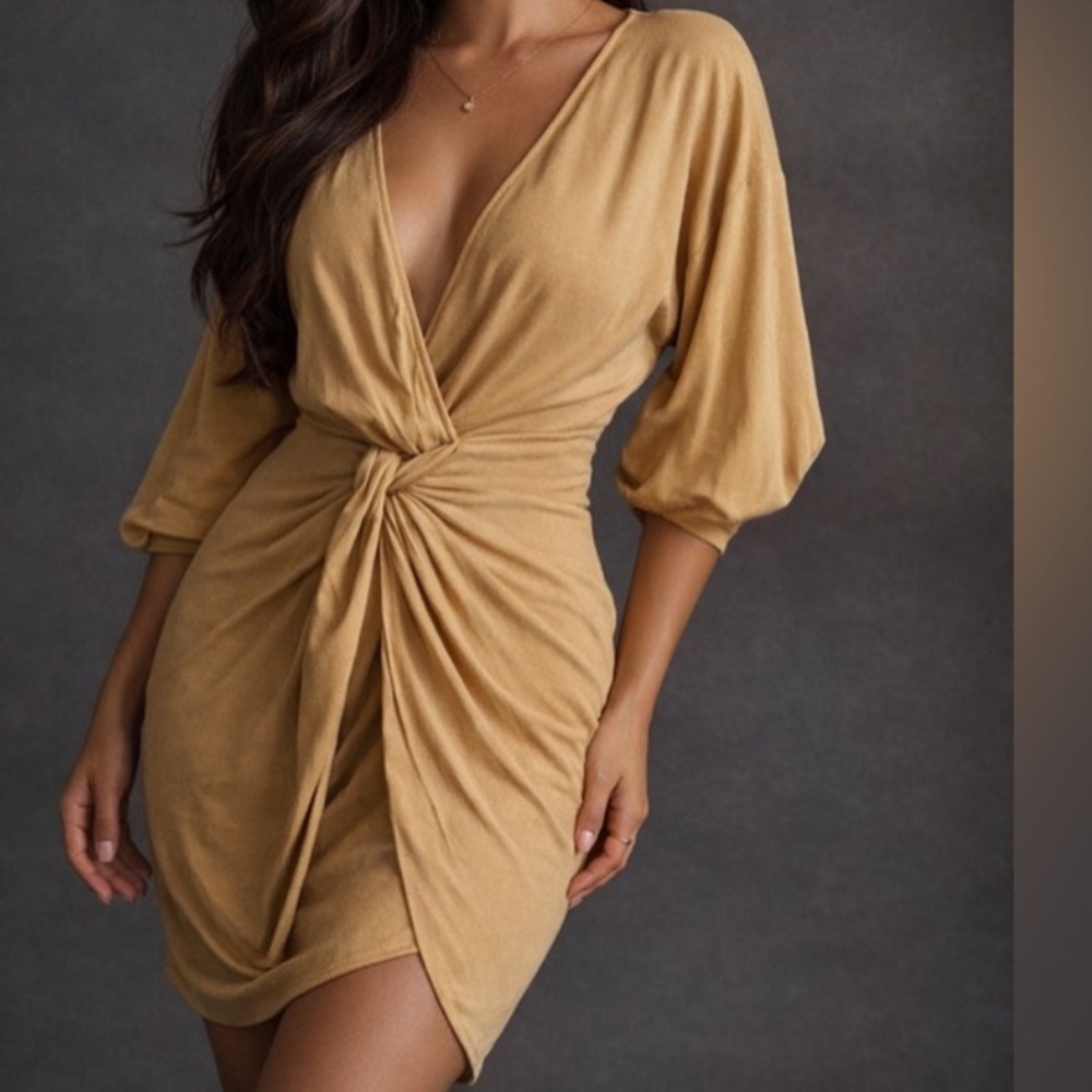 Anthropologie Women’s Knot-Front V-Neck Dress in Camel